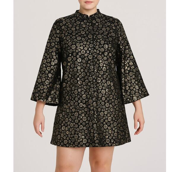 La Vie Style House Gold Deco Sequin Caftan Black Flared Sleeve Mini OSFM NWT - Picture 1 of 13